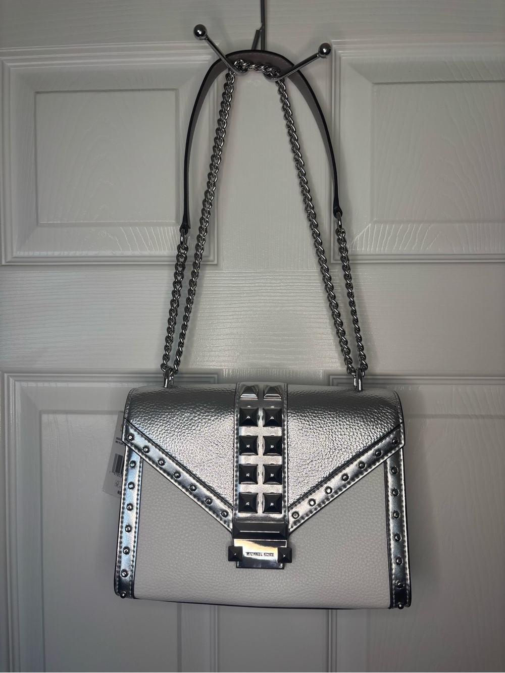 NWT Michael Kors Whitney Silver Metallic Studded Chain Crossbody - Picture 4 of 11